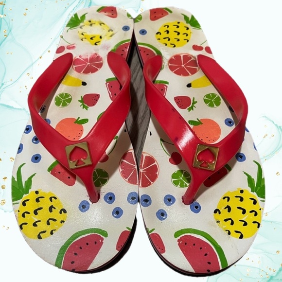 Kate Spade New York Colorful Fruit Print Flip Flops with Red Straps - Picture 1 of 8
